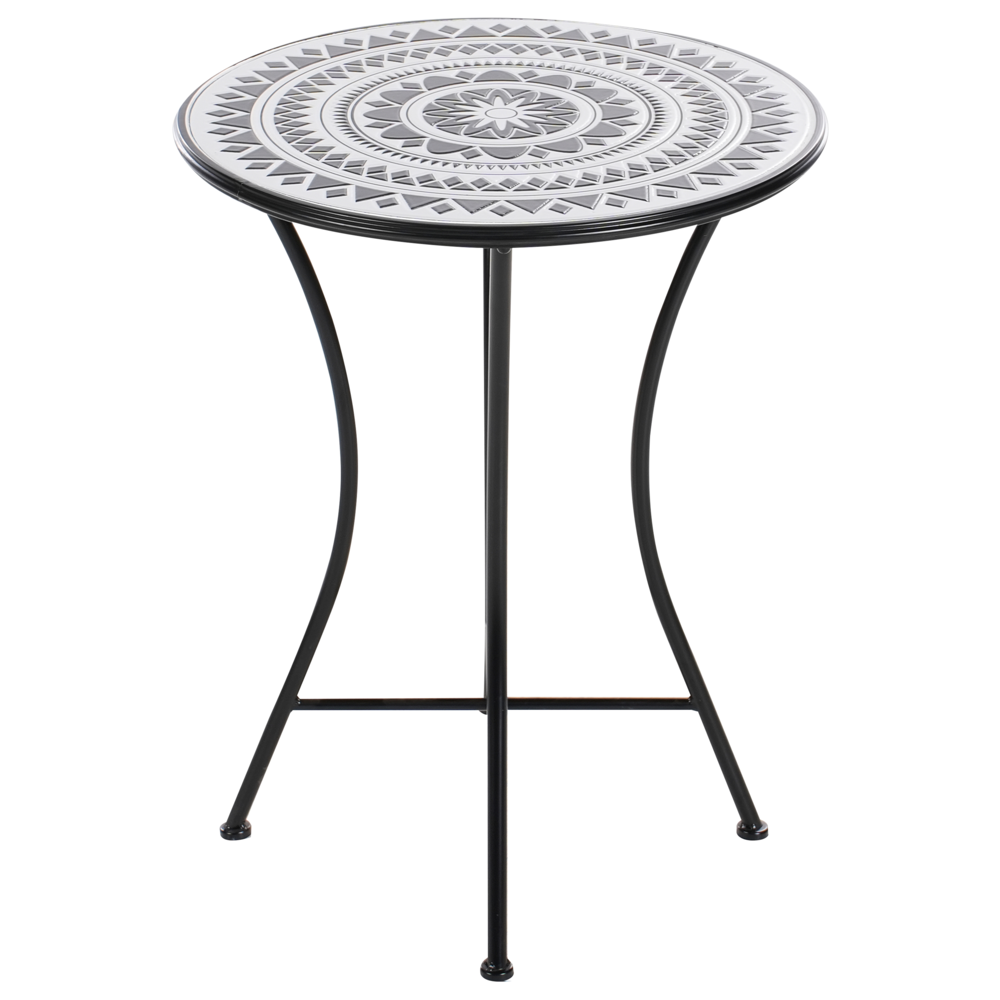 Set da balcone con tavolo e sedie pieghevoli in metallo e piastrelle in ceramica bianca e nera