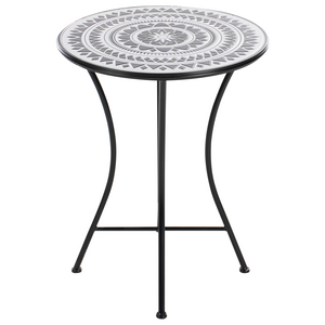 Set da balcone con tavolo e sedie pieghevoli in metallo e piastrelle in ceramica bianca e nera