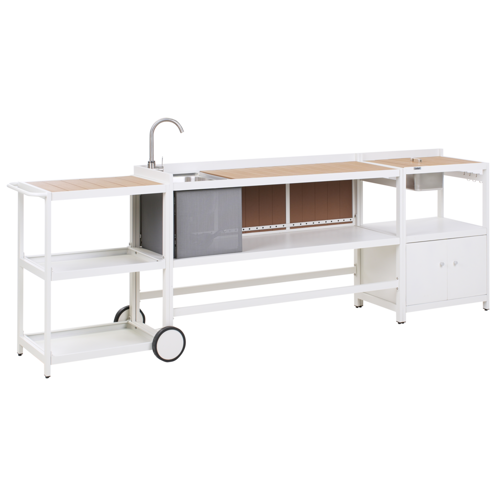 Set di 3 elementi per cucina all'aperto Bianco Alluminio Armadio di stoccaggio Isola Lavello Carrello Stazione di cucina all'aperto