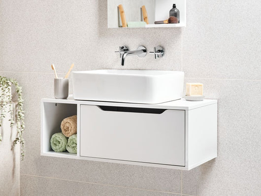 Mobile da bagno a parete Corpo MDP in marmo bianco 80 x 40 cm Frontale scanalato con 2 ripiani Fori pretagliati