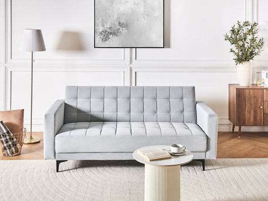 Divano Letto in Velluto Imbottito grigio chiaro moderno soggiorno componibile a 3 posti gambe dorate braccio a binario