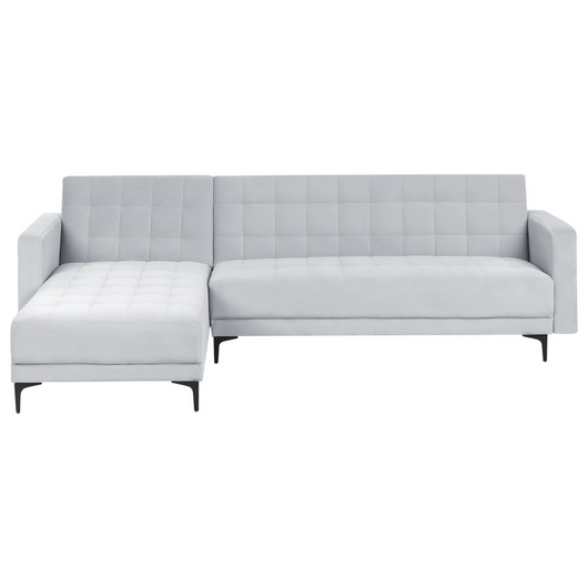 Divano letto angolare in velluto grigio chiaro capitonné in tessuto moderno a L componibile versione destra