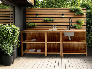 Isola da cucina per esterni in legno di acacia marrone 2 ripiani con top 50 x 50 x 90 cm Giardino Cucina Pranzo