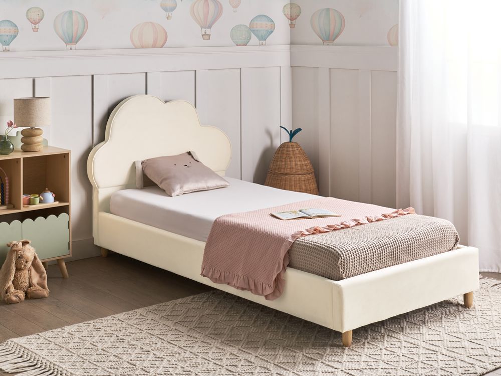 Letto moderno in velluto imbottito per bambini con base a doghe beige 90 x 200 cm cameretta Moderna