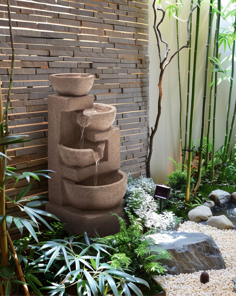 Fontana da giardino in resina marrone chiaro per esterni, design moderno