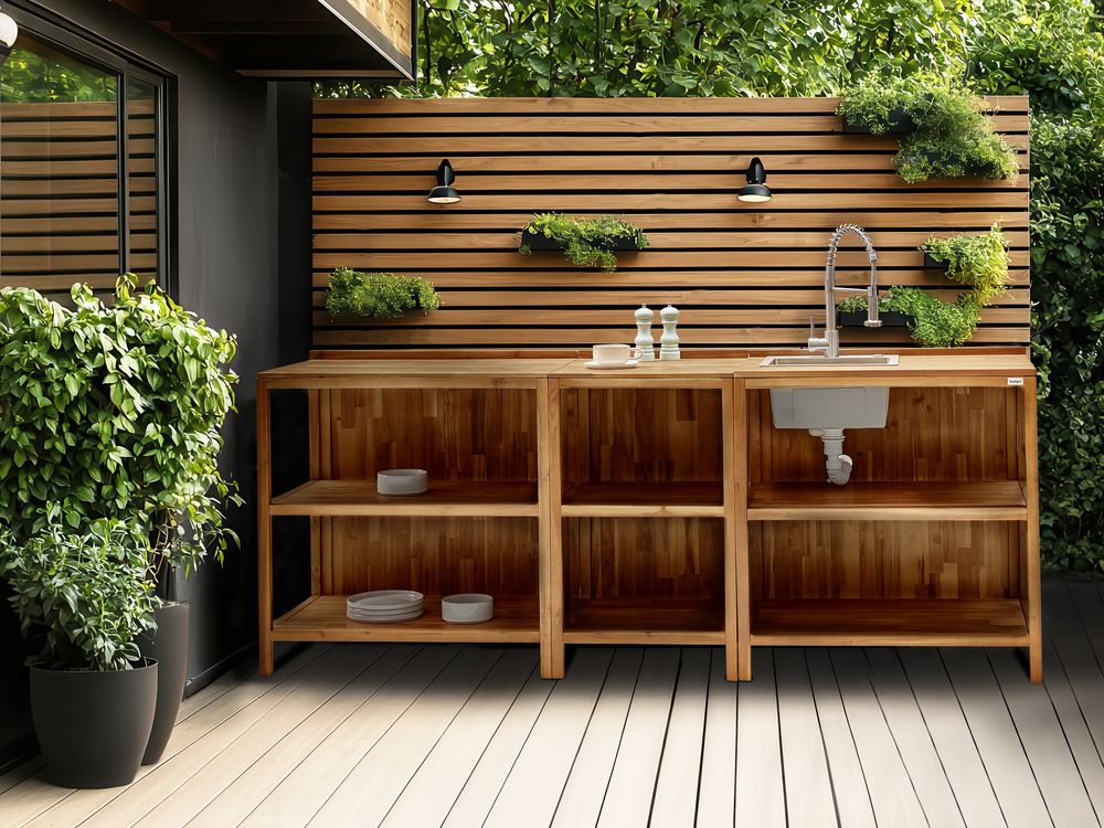 Isola da cucina per esterni con lavello e rubinetto in legno di acacia marrone e argento a 2 ripiani in acciaio inox con piano 50 x 80 x 90 cm