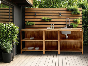 Isola da cucina per esterni con lavello e rubinetto in legno di acacia marrone e argento a 2 ripiani in acciaio inox con piano 50 x 80 x 90 cm