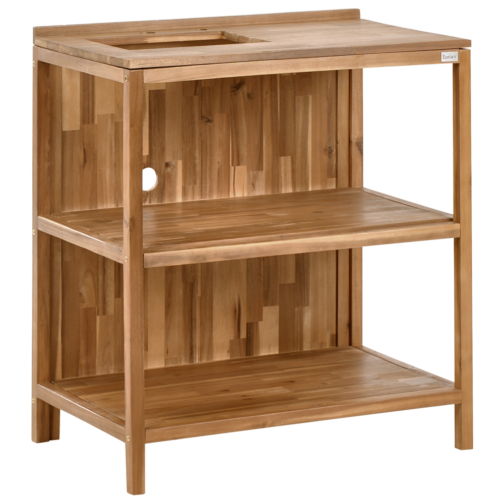 Isola da cucina per esterni con lavello e rubinetto in legno di acacia marrone e argento a 2 ripiani in acciaio inox con piano 50 x 80 x 90 cm