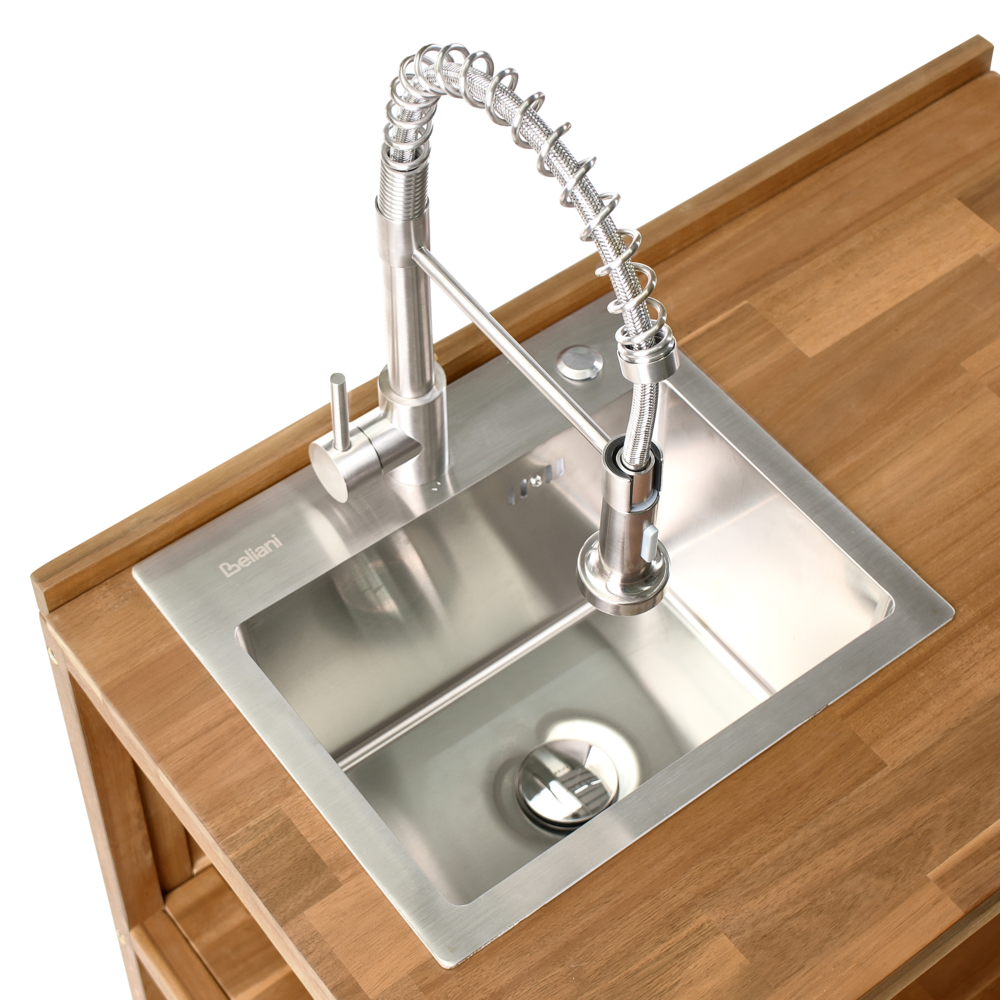 Isola da cucina per esterni con lavello e rubinetto in legno di acacia marrone e argento a 2 ripiani in acciaio inox con piano 50 x 80 x 90 cm