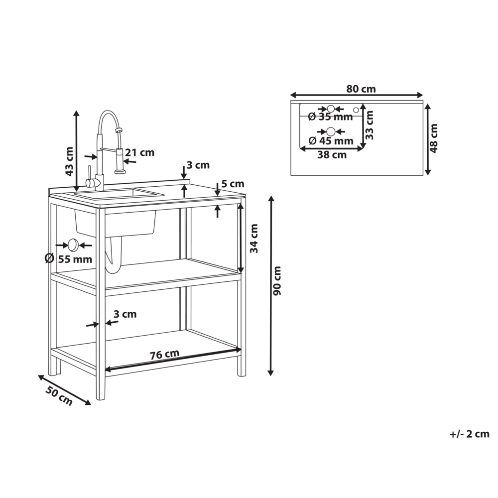 Isola da cucina per esterni con lavello e rubinetto in legno di acacia marrone e argento a 2 ripiani in acciaio inox con piano 50 x 80 x 90 cm