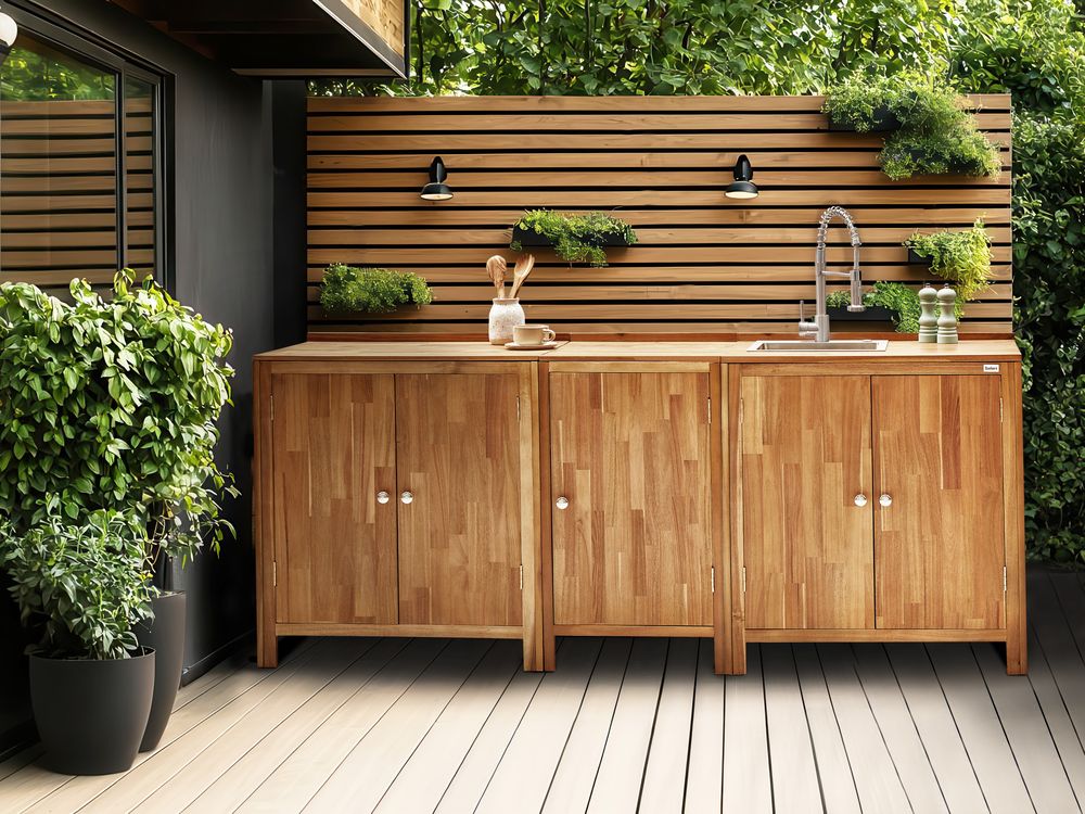 Mobile da cucina per esterni con lavello in legno d'acacia marrone e argento in acciaio inox 50 x 80 x 90 cm Cucina da giardino da pranzo