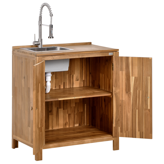 Mobile da cucina per esterni con lavello in legno d'acacia marrone e argento in acciaio inox 50 x 80 x 90 cm Cucina da giardino da pranzo