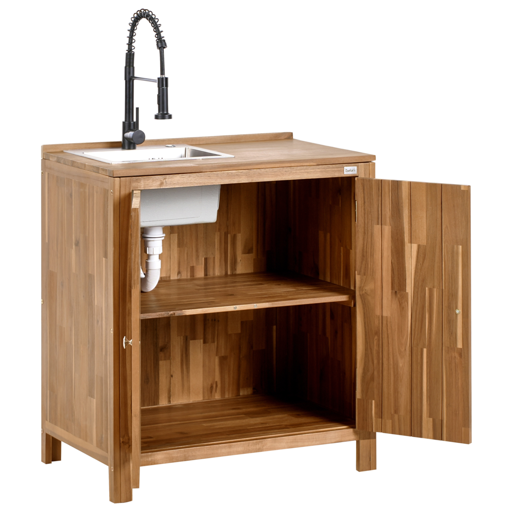 Mobile da cucina per esterni con lavello in legno d'acacia marrone e nero in acciaio inox 50 x 80 x 90 cm Cucina da giardino da pranzo