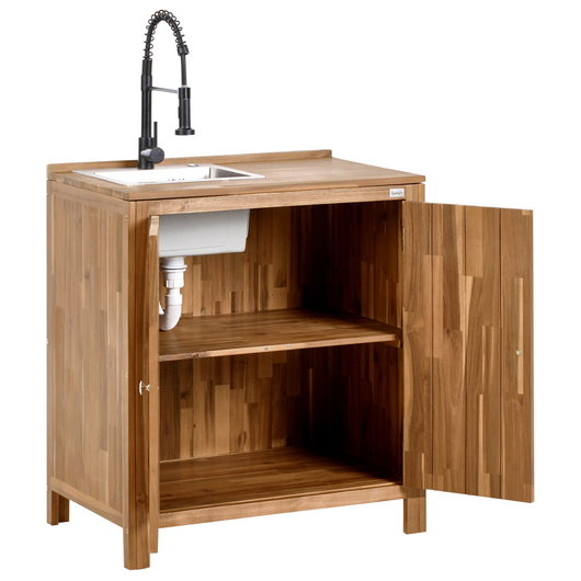 Mobile da cucina per esterni con lavello in legno d'acacia marrone e nero in acciaio inox 50 x 80 x 90 cm Cucina da giardino da pranzo