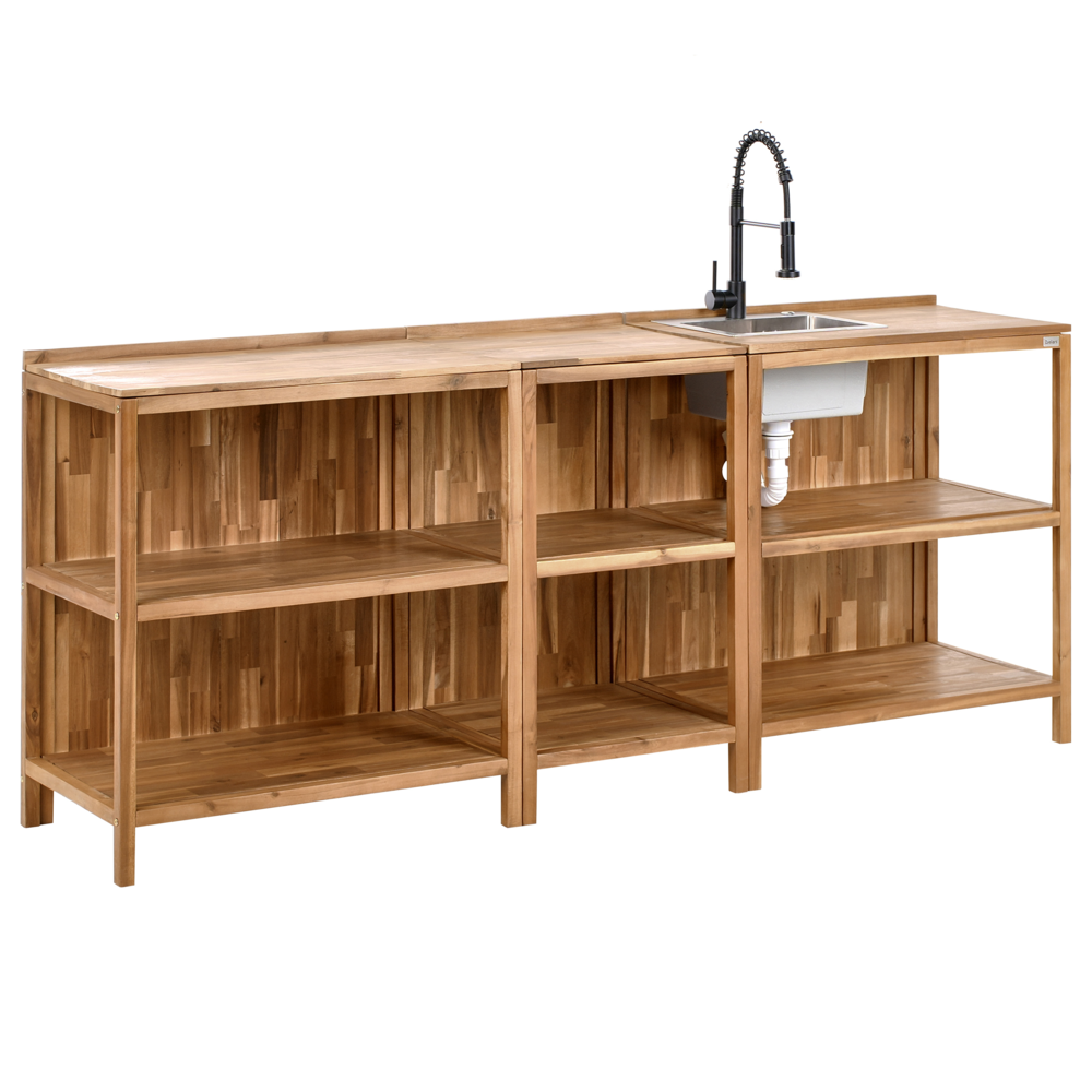 Set da cucina per esterni con lavello e rubinetto Legno di acacia marrone e nero Unità di scaffali in acciaio inox