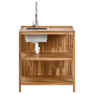 Set da cucina per esterni con lavello e rubinetto Legno di acacia marrone e argento Unità di scaffali in acciaio inox con piano Cucina da giardino da pranzo