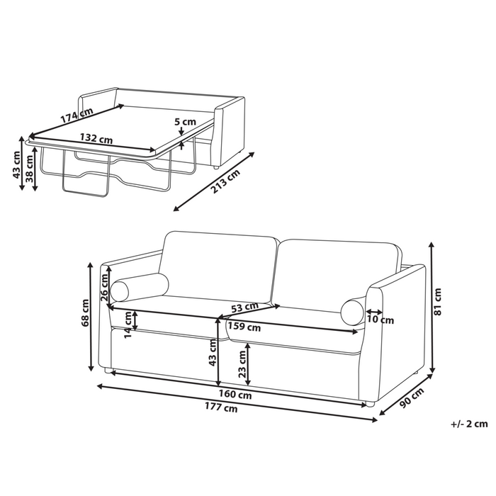 Divano letto in tessuto bianco sporco 2 posti con struttura pieghevole e materasso