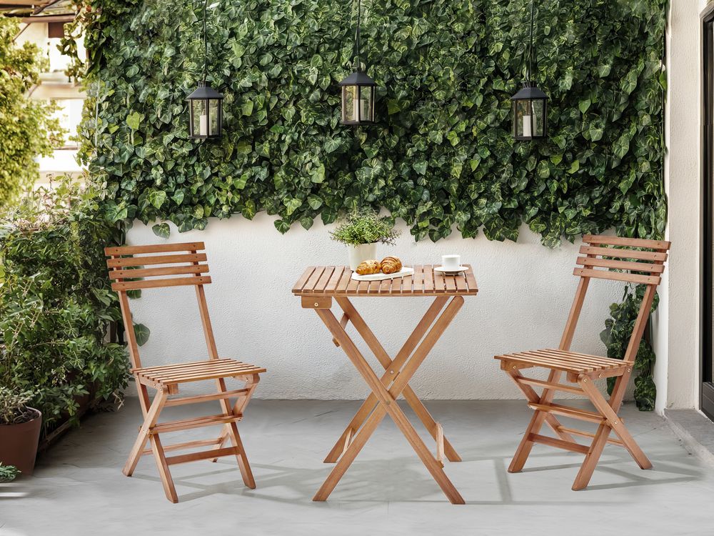 Set da bistrot 3 pezzi marrone in acacia massiccia certificata 2 sedie e tavolo da tè pieghevole a doghe