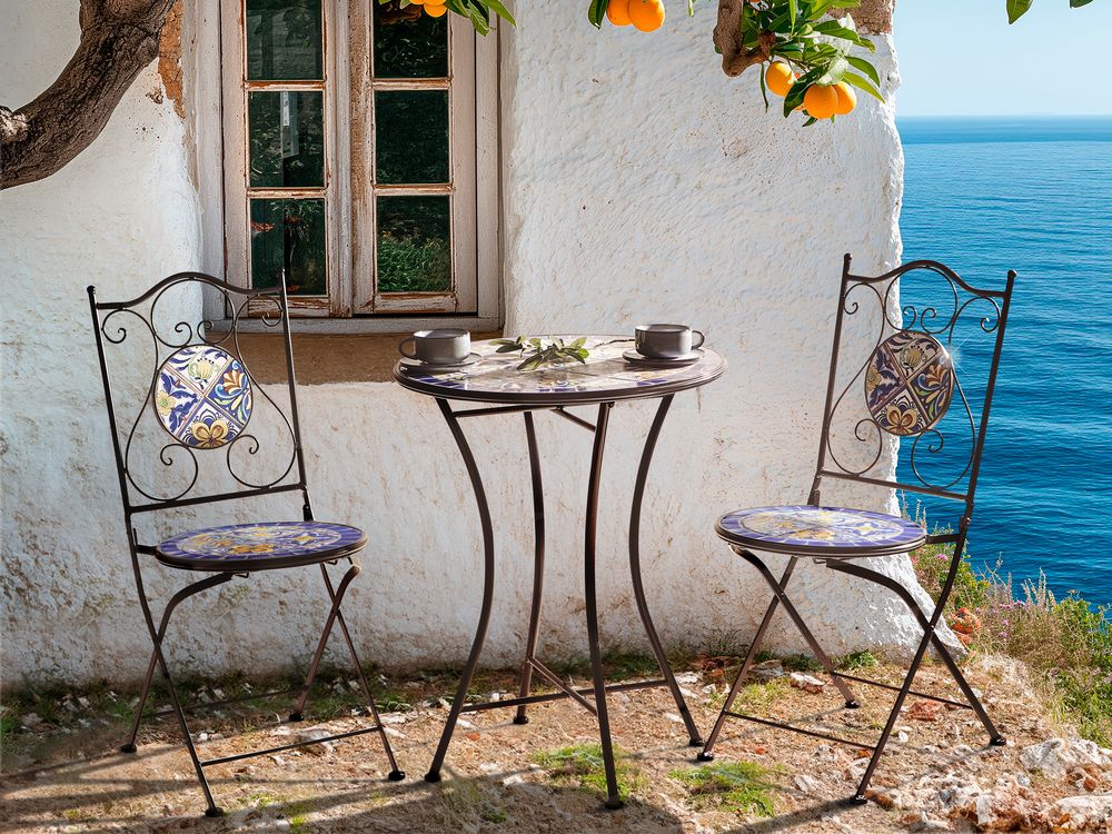 Tavolo da balcone da esterno in metallo nero  piano mosaico 60 cm stile vintage