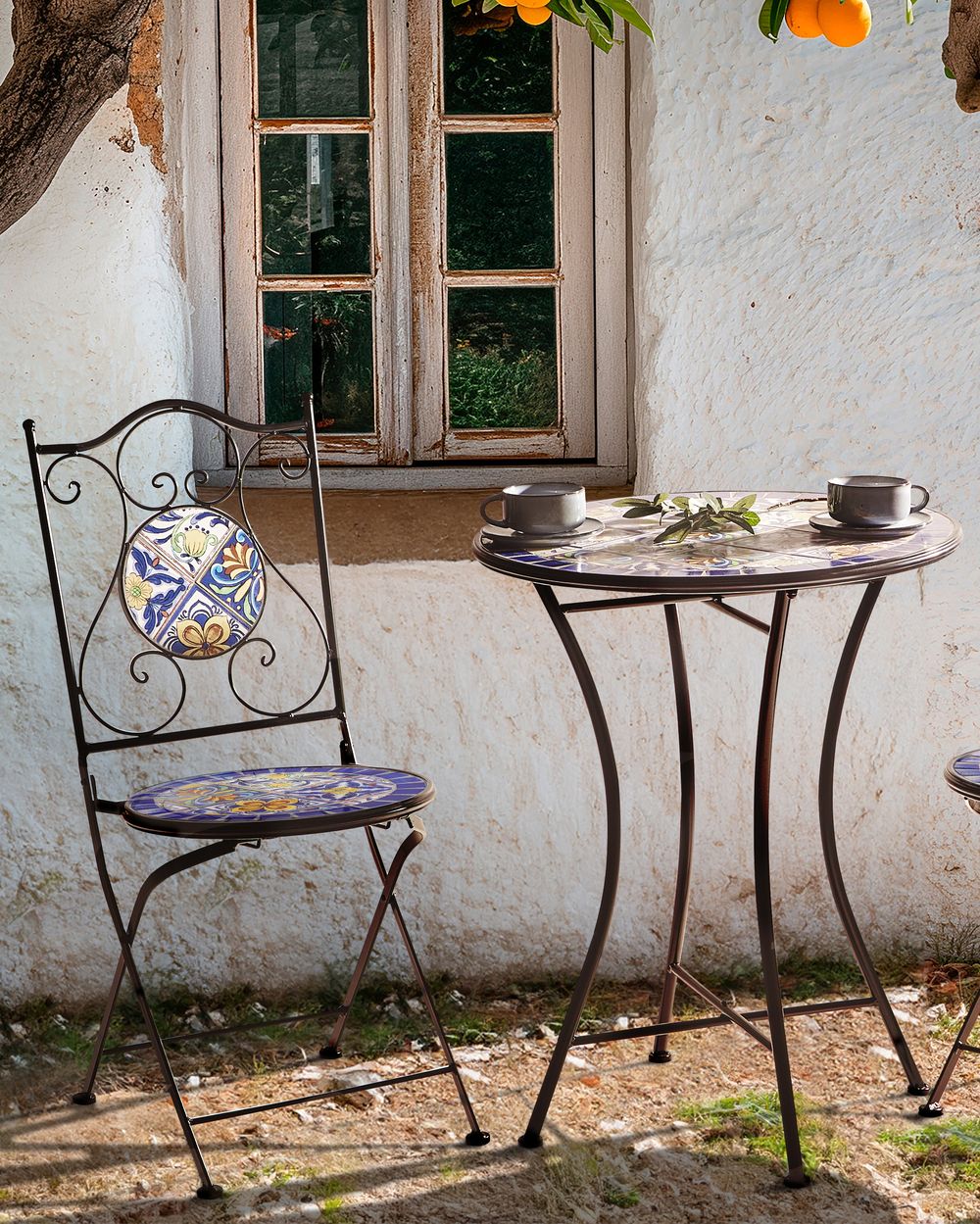 Set di 2 sedie da esterno in metallo nero con motivo a mosaico struttura pieghevole stile vintage