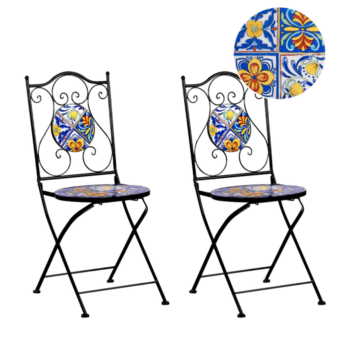Set di 2 sedie da esterno in metallo nero con motivo a mosaico struttura pieghevole stile vintage