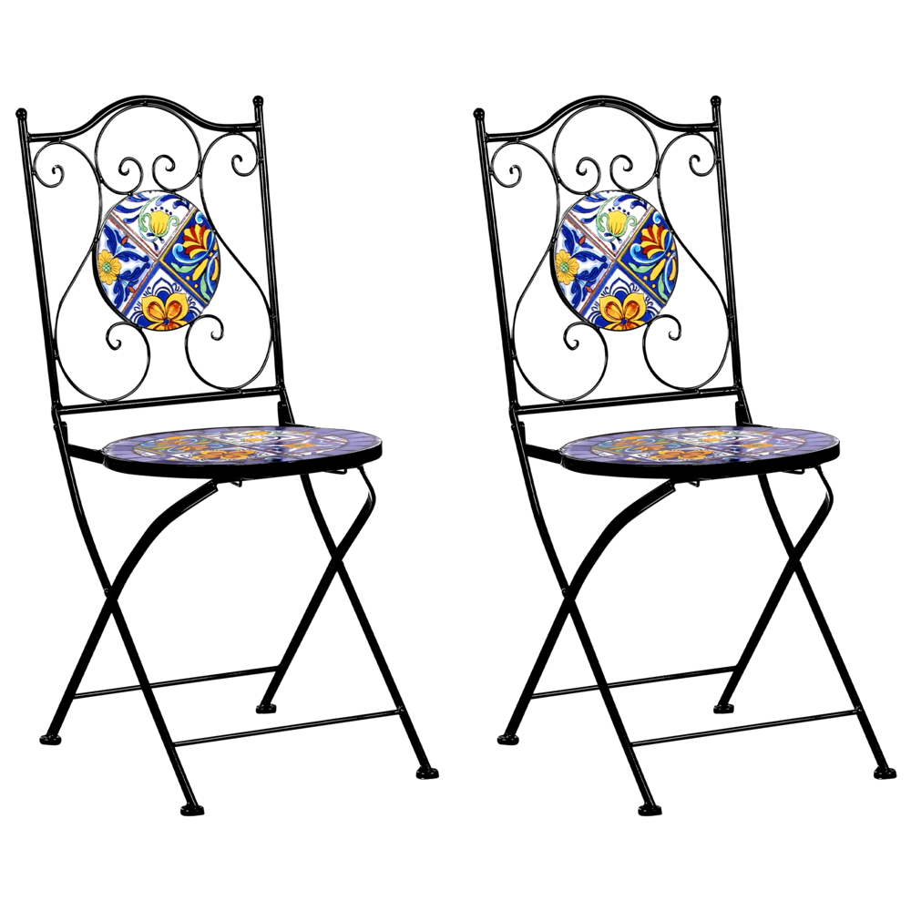 Set di 2 sedie da esterno in metallo nero con motivo a mosaico struttura pieghevole stile vintage