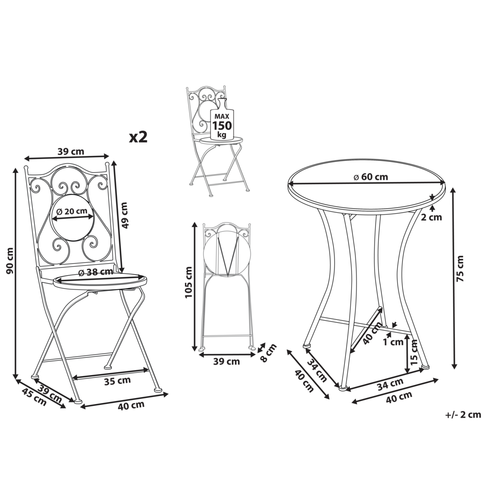Set da bistrot da giardino in metallo nero con motivo a mosaico stile vintage
