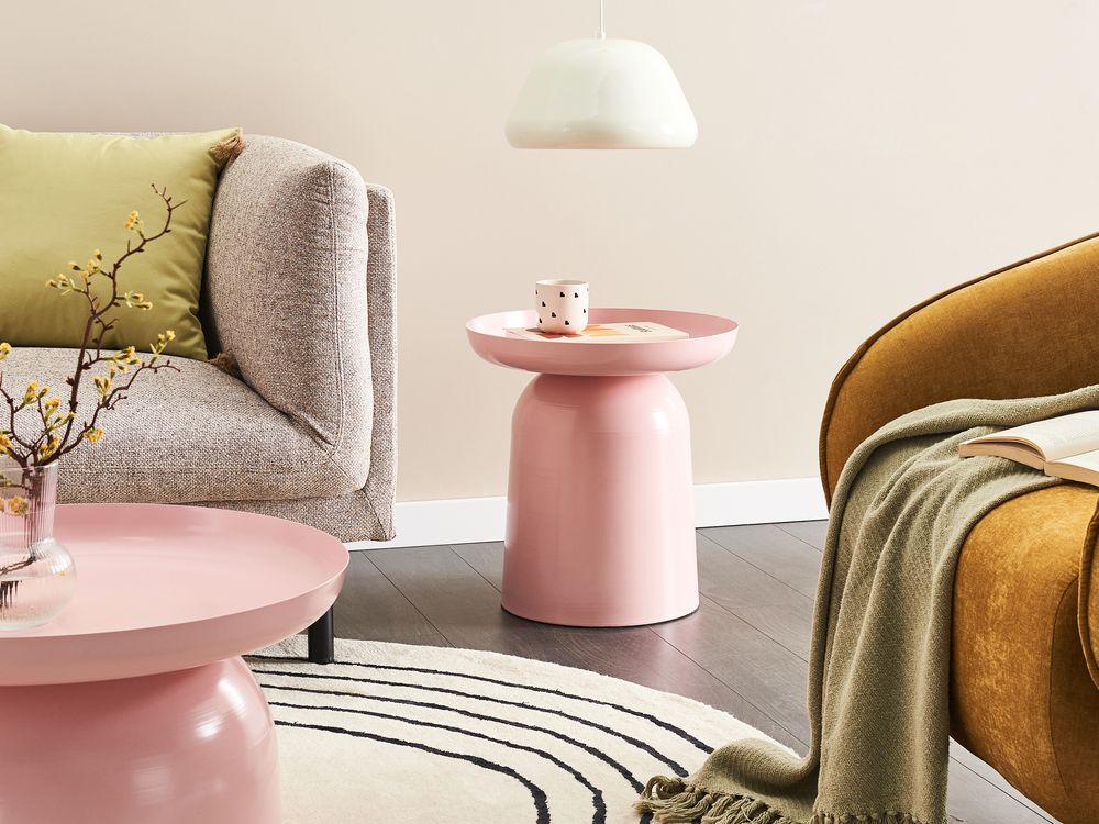 Tavolino basso da salotto in metallo rotondo rosa soggiorno elegante