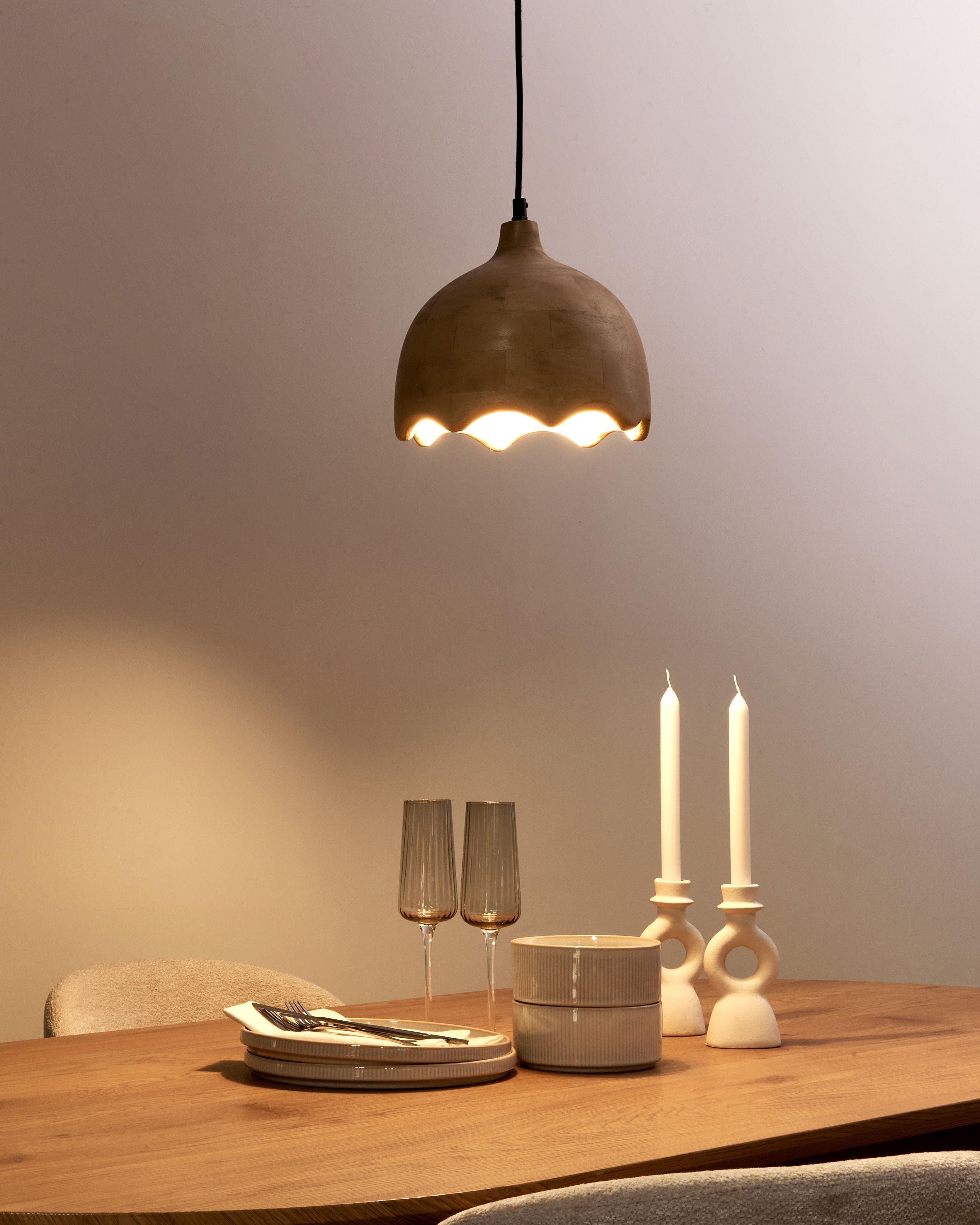 Lampada a sospensione Luce marrone in legno di mango con paralume rotondo Lampada da soffitto a sospensione