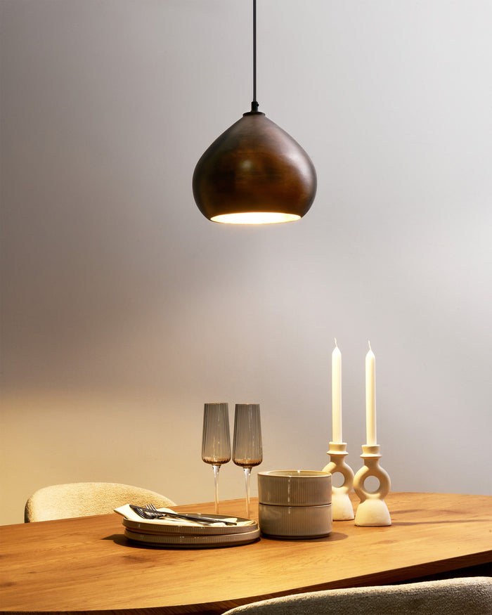 Lampada a sospensione in legno di mango marrone scuro con paralume rotondo Lampada da soffitto a sospensione