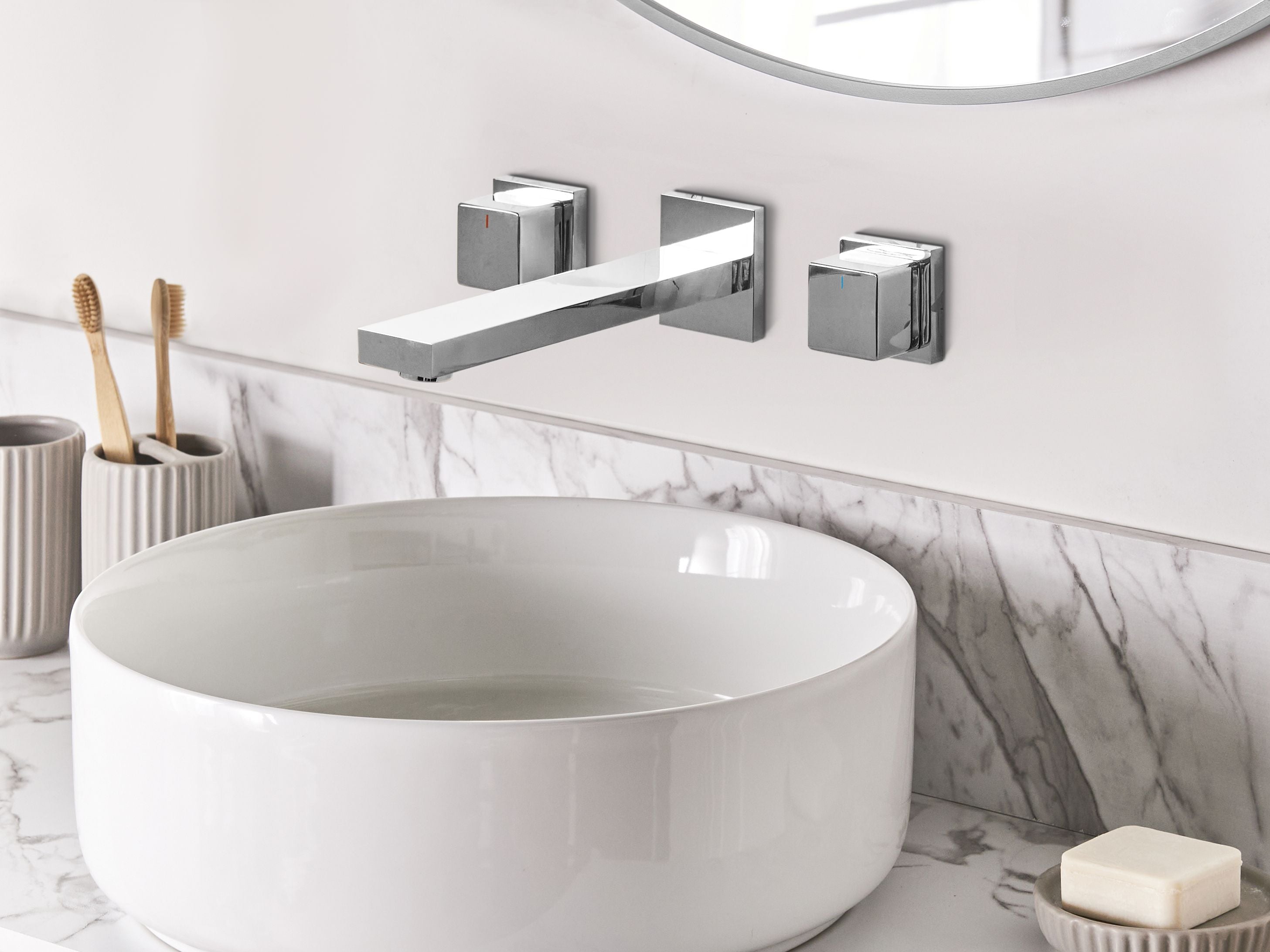 Rubinetto Miscelatore per lavabo a parete in ottone argentato 3 fori per rubinetti doppia leva