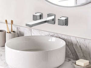 Rubinetto Miscelatore per lavabo a parete in ottone argentato 3 fori per rubinetti doppia leva