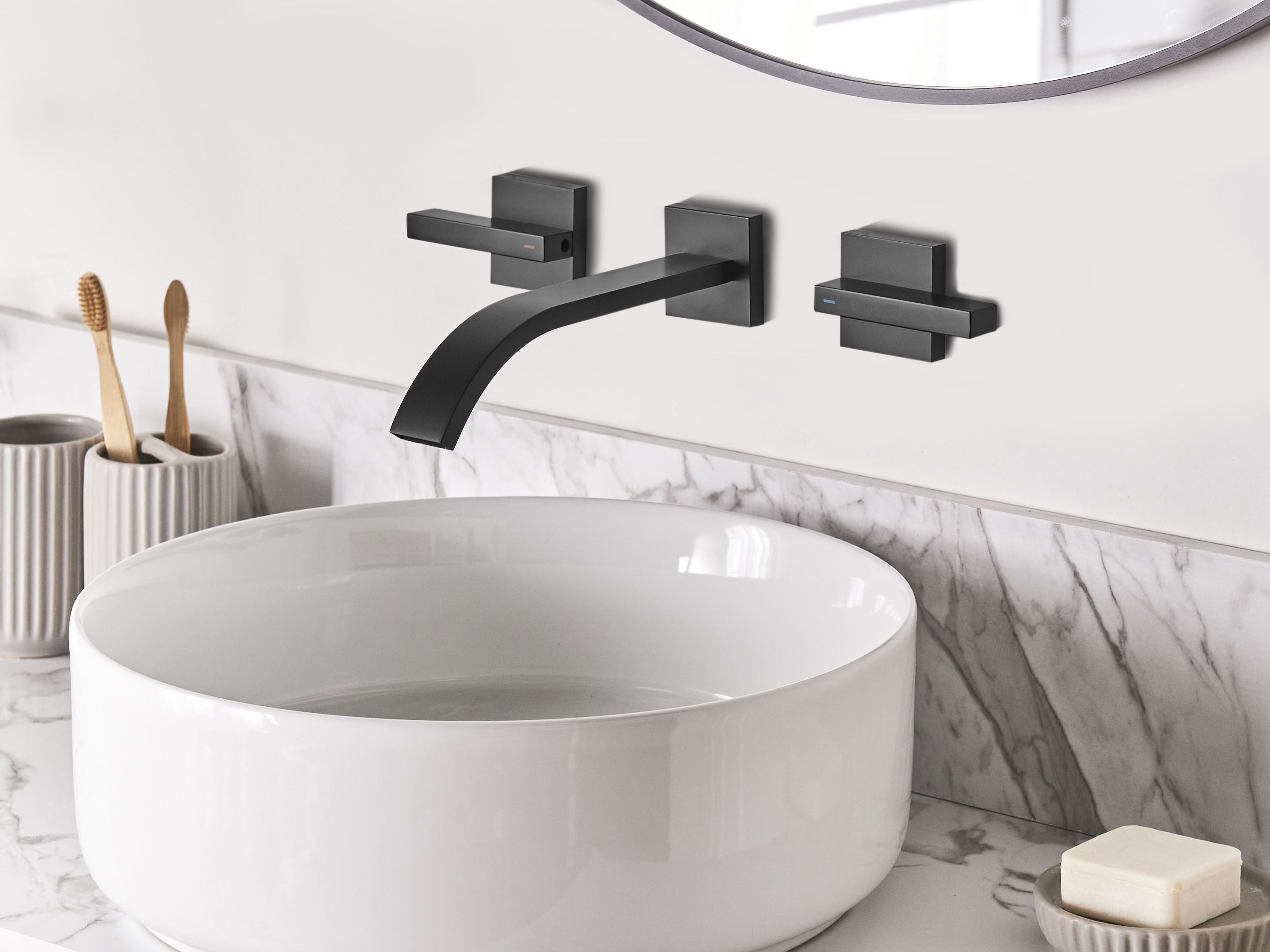 Rubinetto Miscelatore per lavabo a parete in ottone nero 3 fori per rubinetti doppia leva