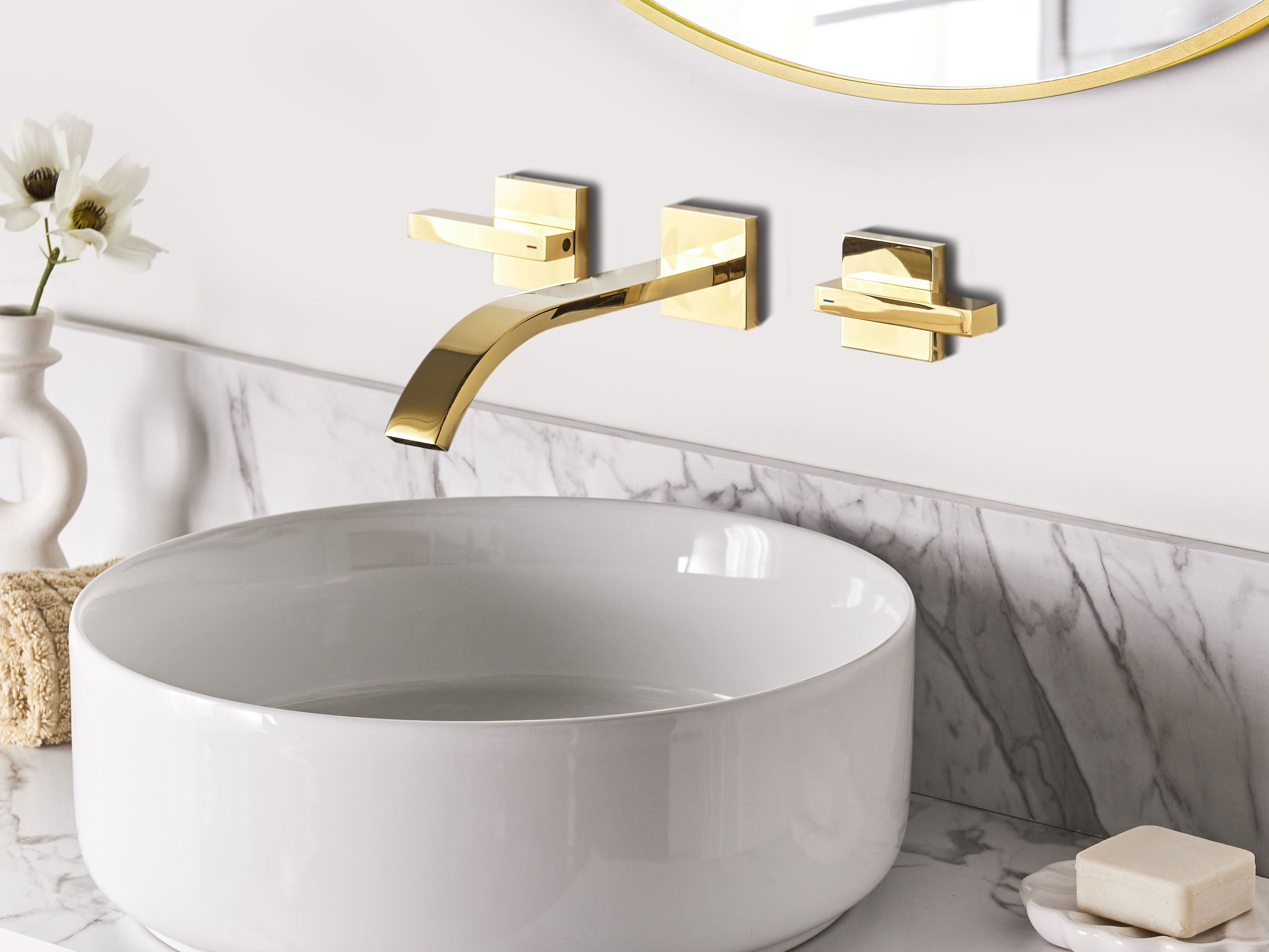 Rubinetto Miscelatore per lavabo a parete in ottone oro 3 fori per rubinetti doppia leva