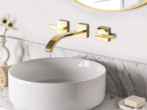 Rubinetto Miscelatore per lavabo a parete in ottone oro 3 fori per rubinetti doppia leva