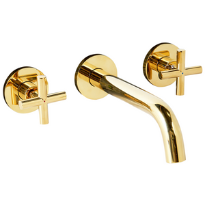 Rubinetto miscelatore per lavabo a parete in ottone color oro con 3 fori e doppia maniglia