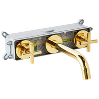 Rubinetto miscelatore per lavabo a parete in ottone color oro con 3 fori e doppia maniglia