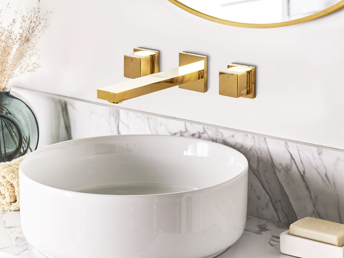 Rubinetto Miscelatore per lavabo a parete in ottone oro 3 fori per rubinetti doppia leva