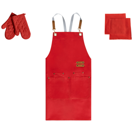 Set da cucina Grembiule Guanti da forno e strofinacci rosso tessuti da cucina