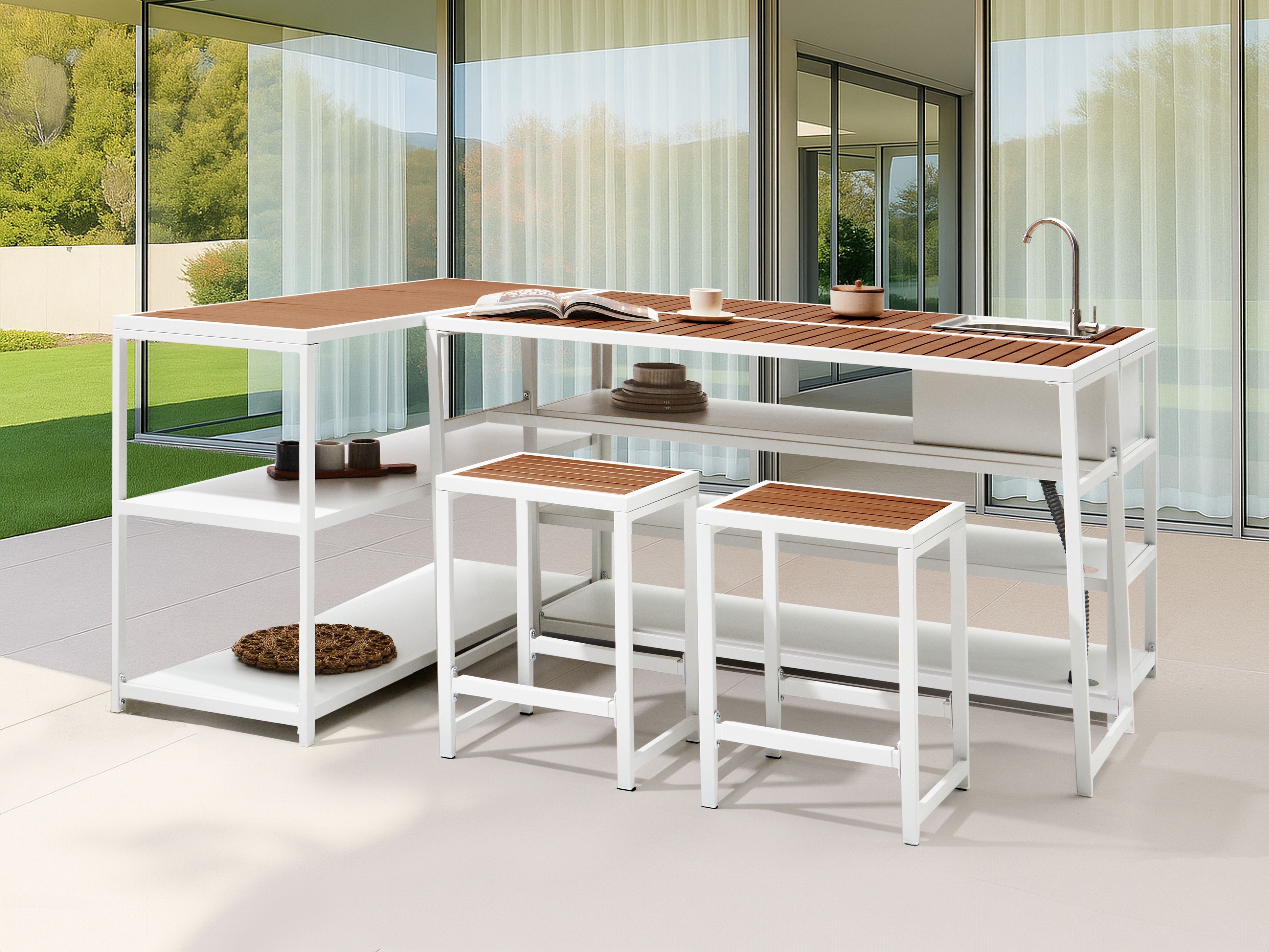 Isola da giardino per esterni con lavello con bocca a leva singola acciaio bianco 159 x 50 x 91 cm con ripiani esterno