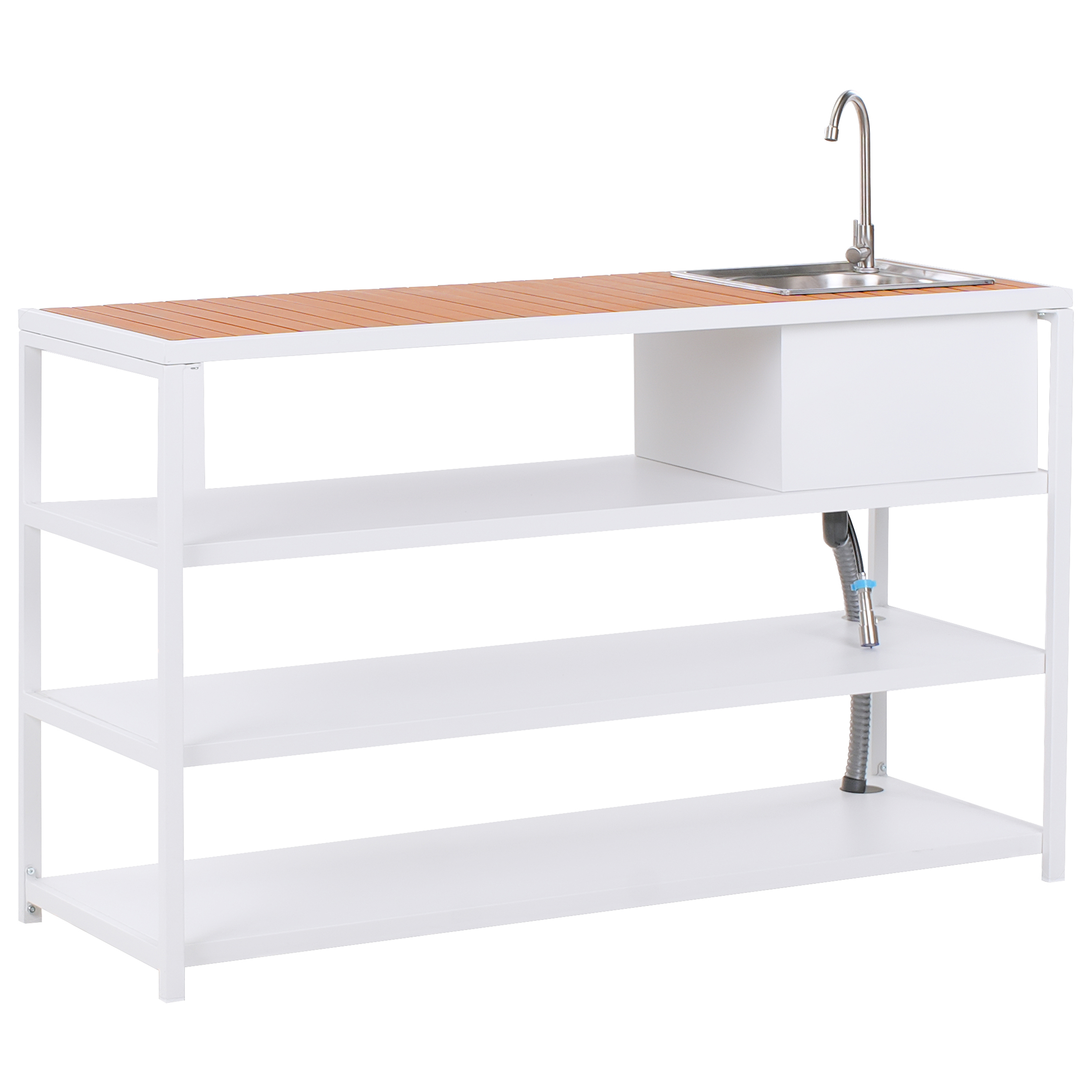 Isola da giardino per esterni con lavello con bocca a leva singola acciaio bianco 159 x 50 x 91 cm con ripiani esterno