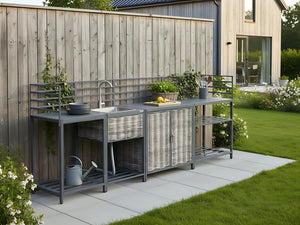 Set cucina da esterno 4 elementi in alluminio e PE Rattan con lavello grigio leva cucino da esterno