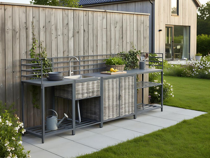 Set cucina da esterno 4 elementi in alluminio e PE Rattan con lavello grigio leva cucino da esterno