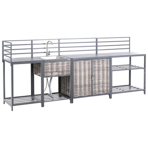 Set cucina da esterno 4 elementi in alluminio e PE Rattan con lavello grigio leva cucino da esterno