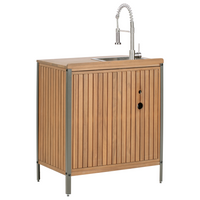 Mobile da giardino in legno di acacia a 2 ante e 2 ripiani con lavello e rubinetto 50 x 80 x 92 cm Piano in legno massiccio Marrone Giardino Cucina Pranzo