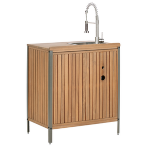 Mobile da giardino in legno di acacia a 2 ante e 2 ripiani con lavello e rubinetto 50 x 80 x 92 cm Piano in legno massiccio Marrone Giardino Cucina Pranzo