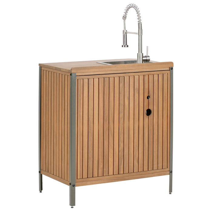 Mobile da giardino in legno di acacia a 2 ante e 2 ripiani con lavello e rubinetto 50 x 80 x 92 cm Piano in legno massiccio Marrone Giardino Cucina Pranzo