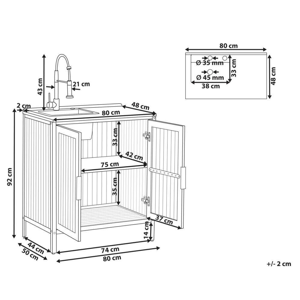 Mobile da giardino in legno di acacia a 2 ante e 2 ripiani con lavello e rubinetto 50 x 80 x 92 cm Piano in legno massiccio Marrone Giardino Cucina Pranzo