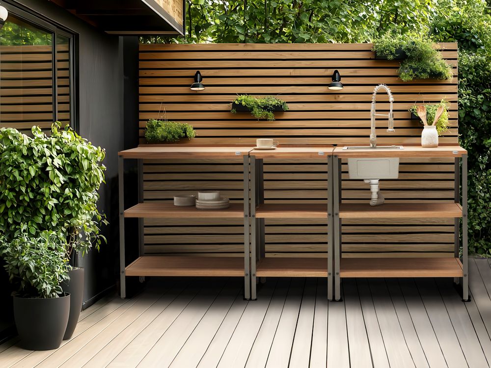 Isola da esterno marrone con lavello in legno d'acacia 2 ripiani con top 50 x 80 x 92 cm Cucina da giardino