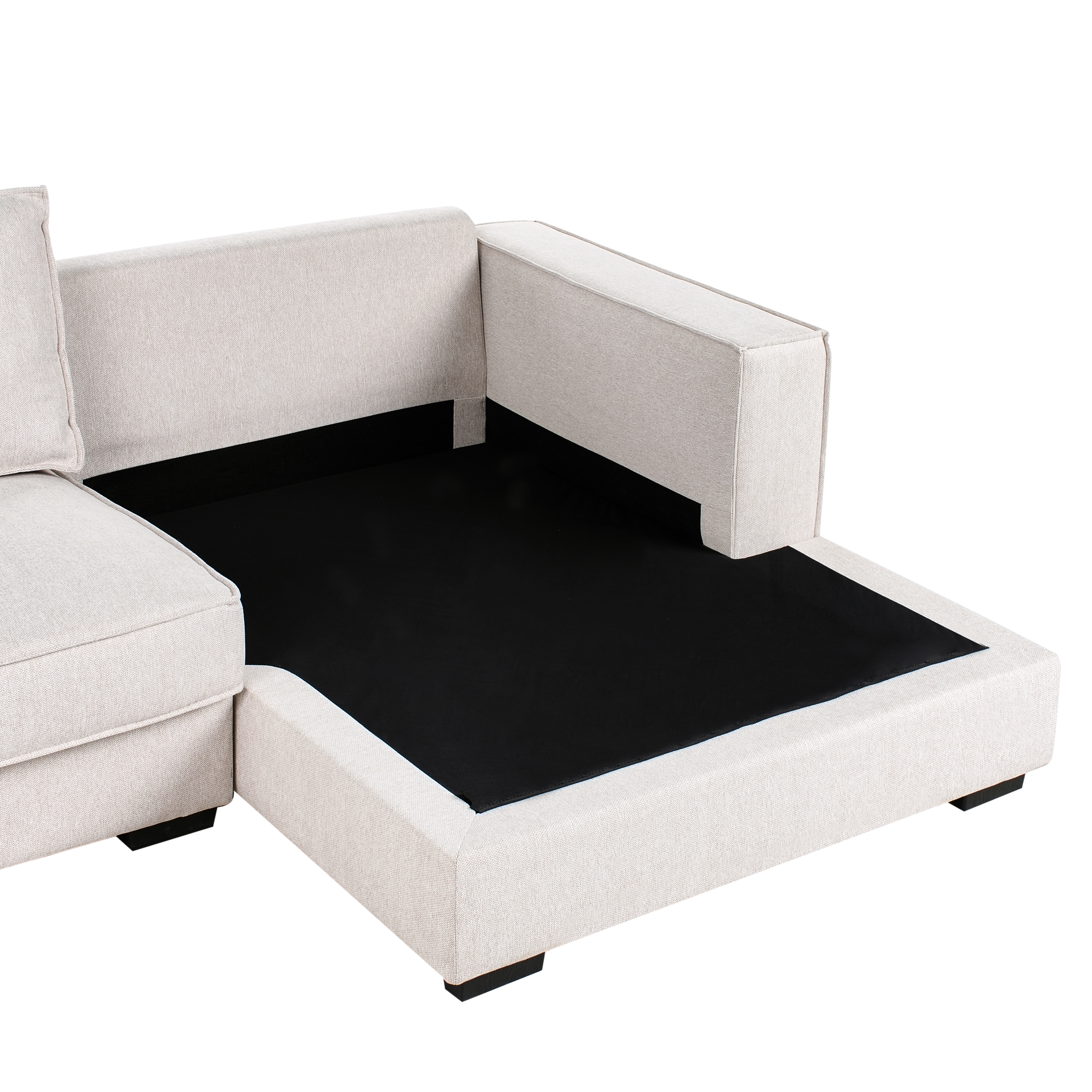 Divano 2 posti ad angolo con schienale in tessuto imbottito e cuscini beige chiaro lato sinistro stile moderno